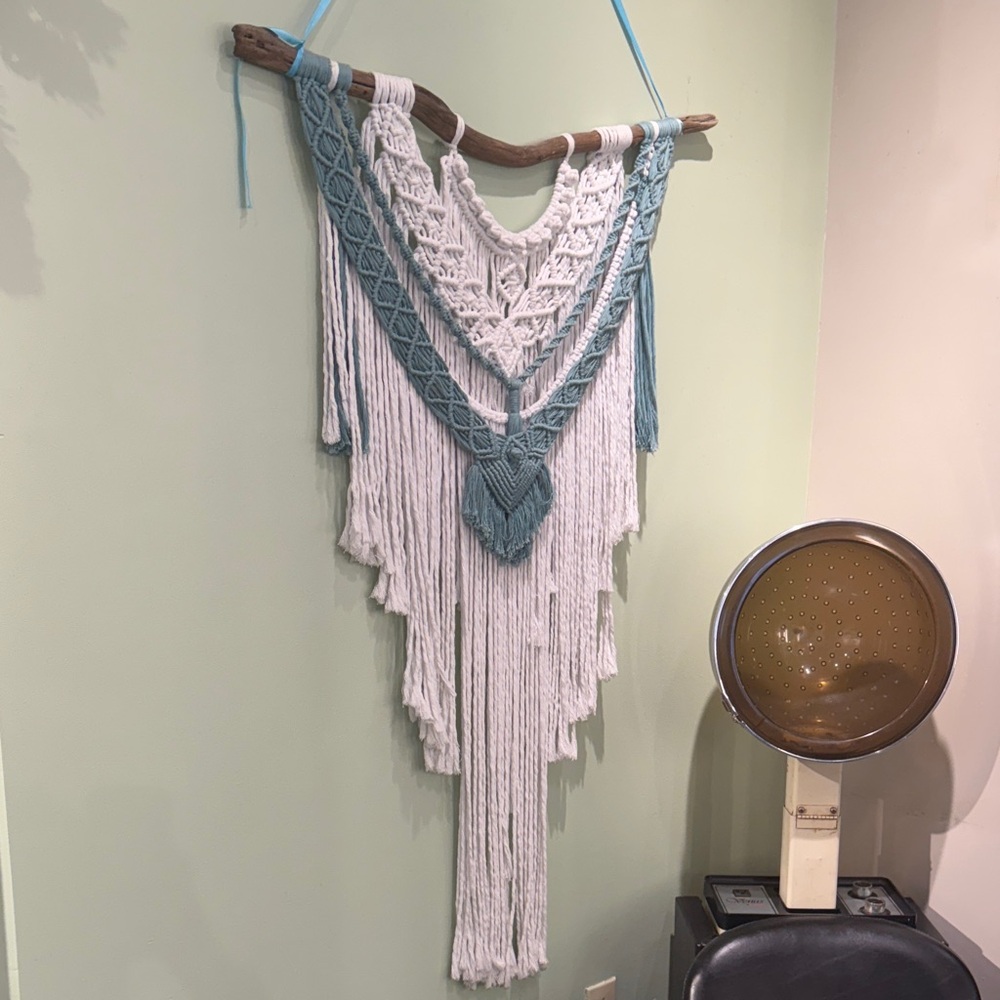Handcrafted White and Blue Macramé Wall Hanging
